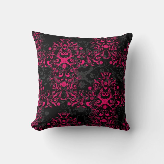 Sultry Flaming Pink and Black Floral Damask Throw Pillow (Front)