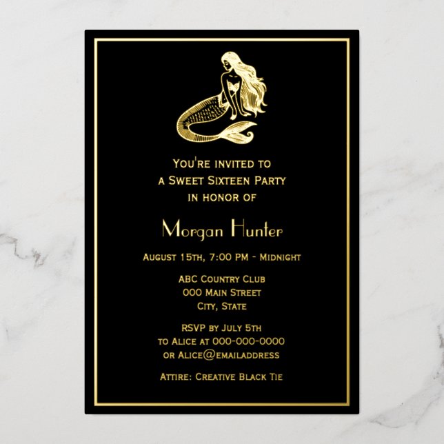 Sultry Mermaid Flowing Hair Seated Sweet Sixteen Foil Holiday Card (Front)
