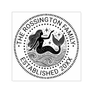 Sultry Mermaid in Waves Family Name Date Estd NT Self-inking Stamp