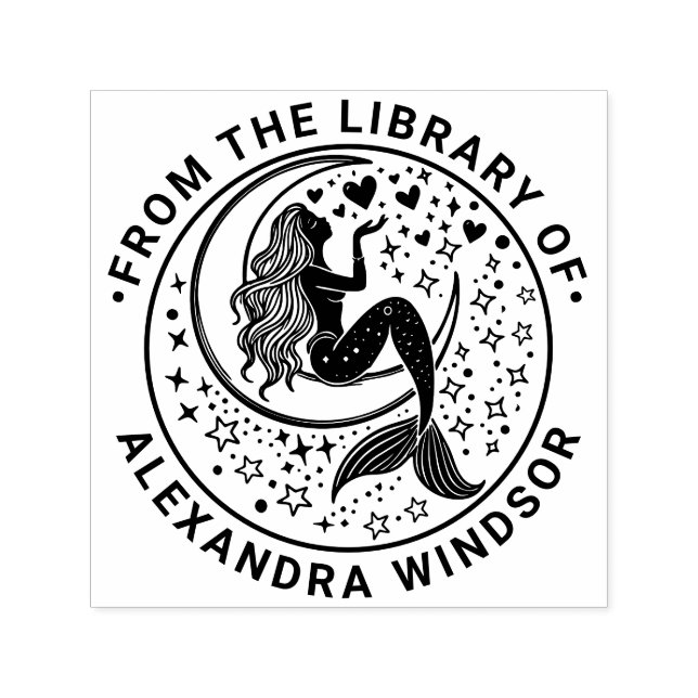 Sultry Mermaid on Crescent Moon Library Book Name Self-inking Stamp (Design)