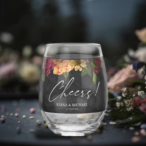 Sultry Nights Floral Wedding Cheers ID829 Stemless Wine Glass