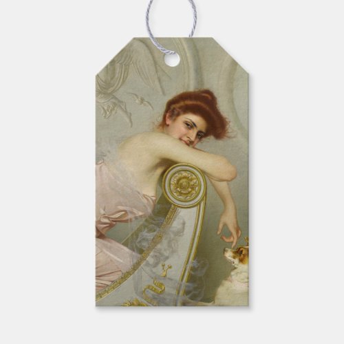 Sultry Young Lady Stroking Her Puppy Dog Gift Tags