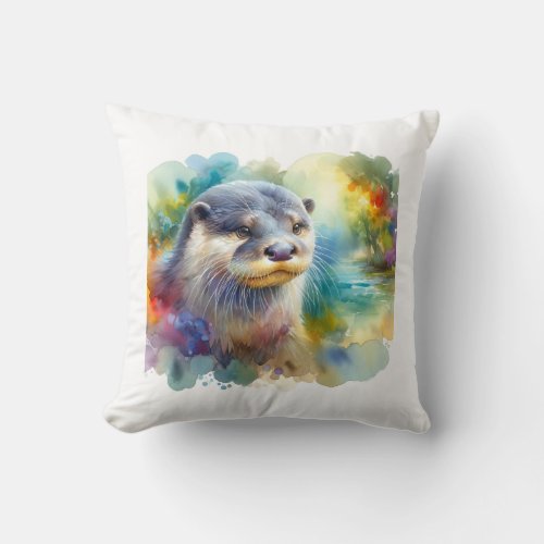 Sumatran Otter in Colorful Serenity AREF904 _ Wate Throw Pillow