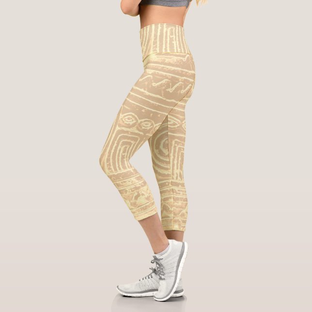 Sumerian Mesopotamian Pattern Cream Filter Capri Leggings (Left)