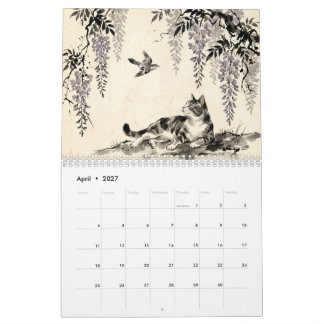 Sumi-e Hanafuda Cats – 12 Months of Japan Wall Calendar