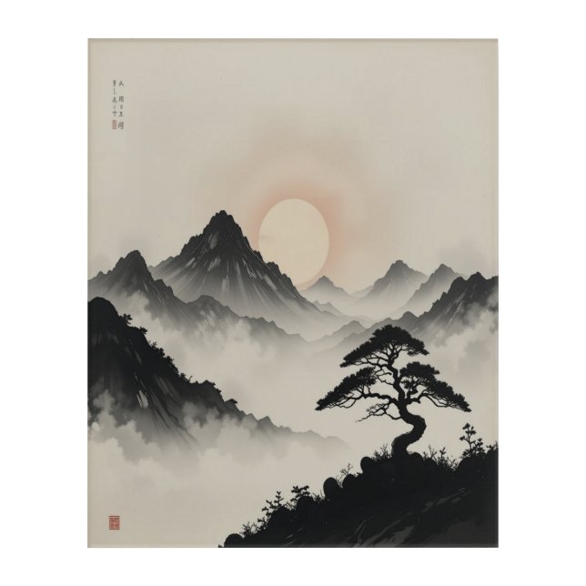 Sumi-e Ink Painting of Mountains & Rising Sun Acrylic Print (Front)