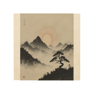 Sumi-e Ink Painting of Mountains & Rising Sun Wood Wall Art