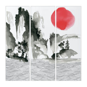 Sumi-e Japanese Painting Mountains And Sunset Triptych