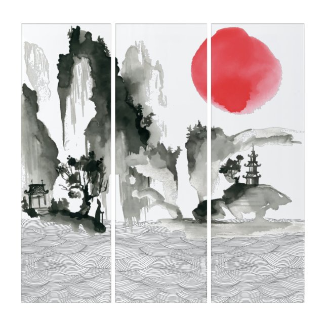 Sumi-e Japanese Painting Mountains And Sunset Triptych (Front)