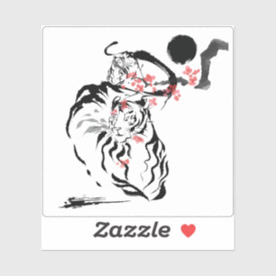 Sumi-e Tiger and Red Cherry Blossoms Sticker