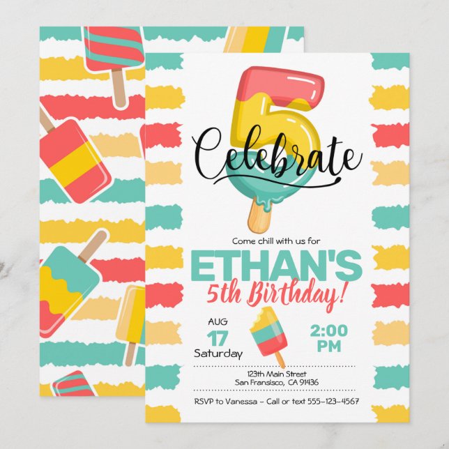 Summer 5th Birthday Invitation w/ Popsicle (Front/Back)