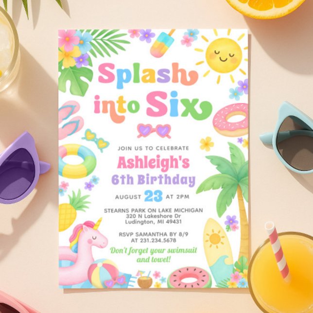 Summer 6th Birthday Invitation - Splash into Six (Summer 6th Birthday Invitation - Splash into Six
)