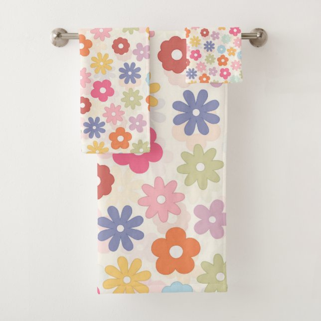 Summer 70’s Boho Retro Daisy Flowers Bath Towel Set (Insitu)