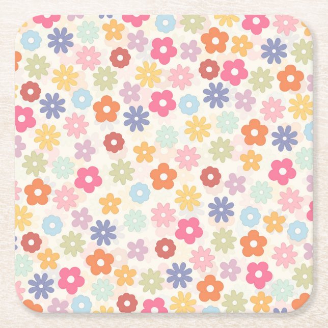 Summer 70’s Boho Retro Daisy Flowers Square Paper Coaster (Front)