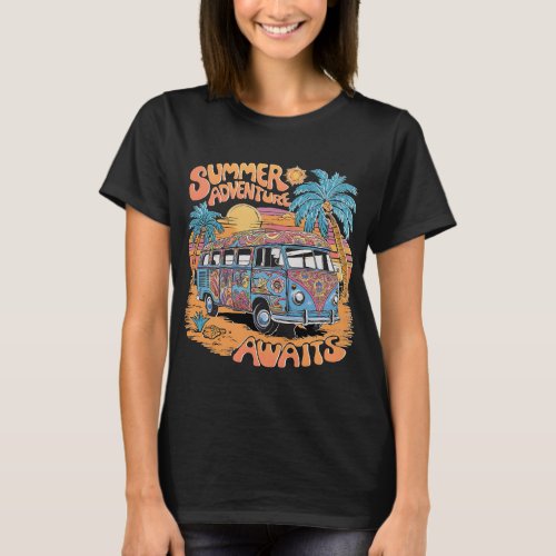 SUMMER ADVENTURE _ summer hippie bus and sunset T_Shirt