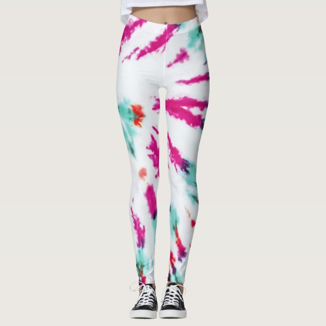 Summer Artsy Girly Neon Teal Pink Tie Dye Pattern Leggings (Front)