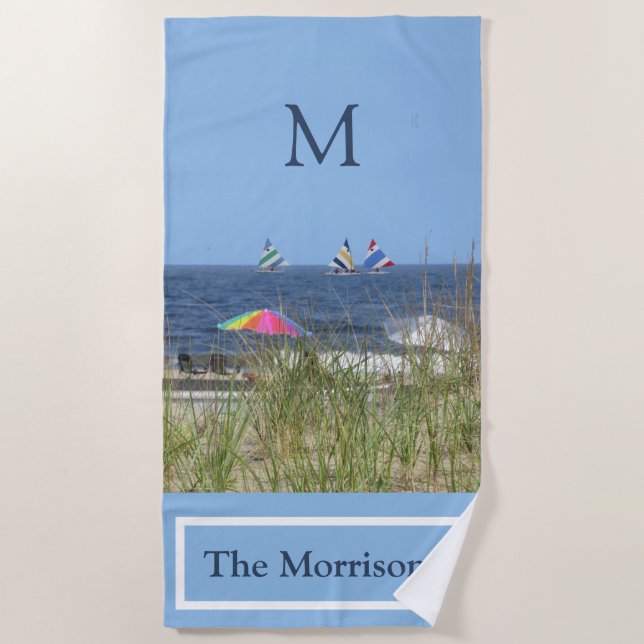 Summer at the Beach Ocean Sand Monogram Name Beach Towel (Front)