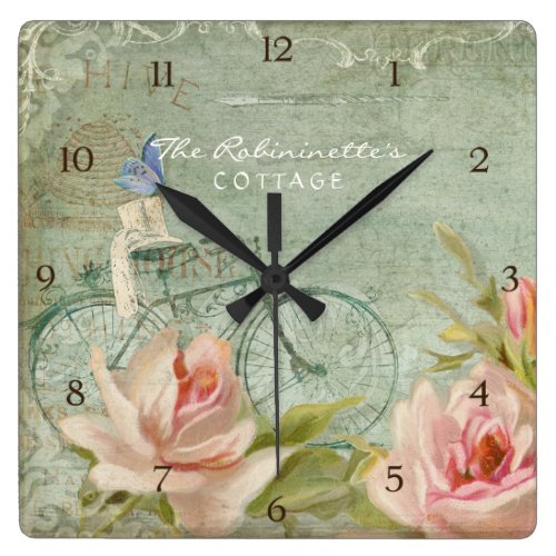 Summer at the Cottage Roses Bicycle Butterfly Bees Square Wallclocks