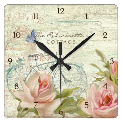 Summer at the Cottage Roses Bicycle Butterfly Bees Square Wallclock