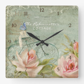 Summer at the Cottage Roses Bicycle Butterfly Bees Square Wall Clock