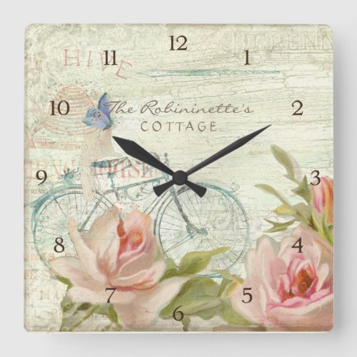 Summer at the Cottage Roses Bicycle Butterfly Bees Square Wall Clock