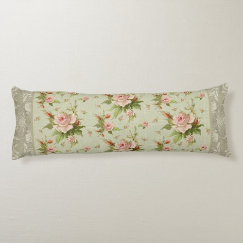 Summer at the Cottage Roses Scroll Swirl Wood Body Pillow