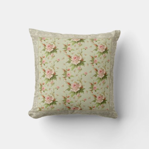 Summer at the Cottage Vintage Damask Rose Pattern Throw Pillow