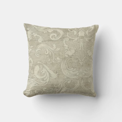 Summer at the Cottage Vintage Damask Wooden Scroll Throw Pillow