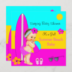 Summer Baby Shower Girl Beach Surfing Brunette Invitation