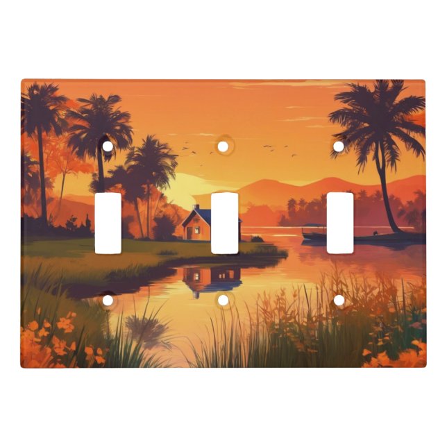 Summer Background With Sunset Palm Trees-23765 Light Switch Cover (Front)