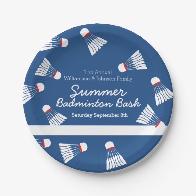 Summer badminton bash party blue and white paper plates (Front)