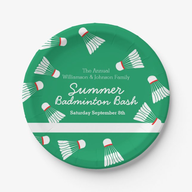 Summer badminton bash party green & white paper plates (Front)