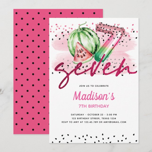 Summer Balloon Letters Melon 7th Birthday Invitation (Front/Back)