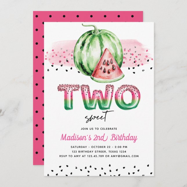 Summer Balloon Letters Melon Two Sweet Birthday Invitation (Front/Back)