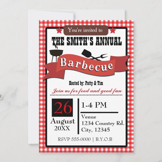 Summer Barbecue BBQ Gingham Cookout Invitation (Front)