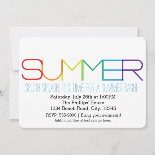 SUMMER Bash Typography Rainbow Party Invitations