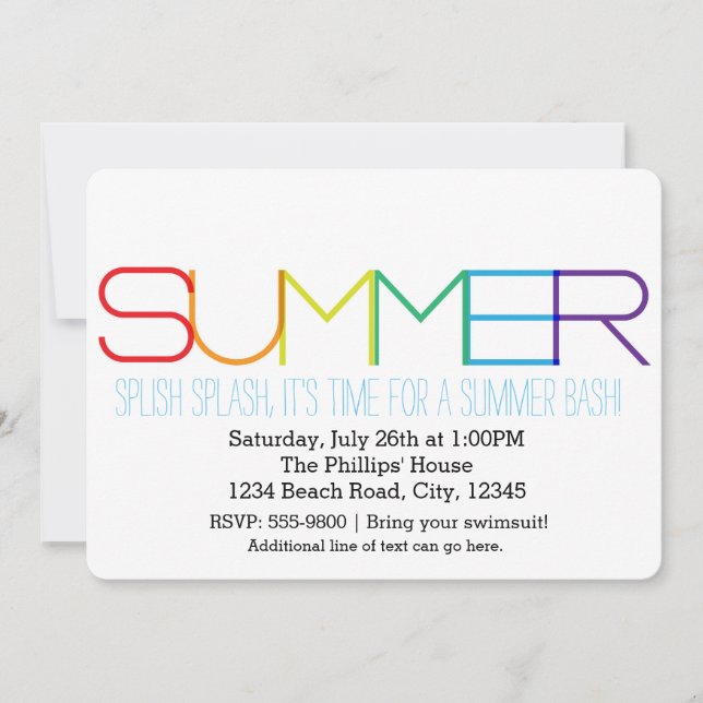 SUMMER Bash Typography Rainbow Party Invitations (Front)