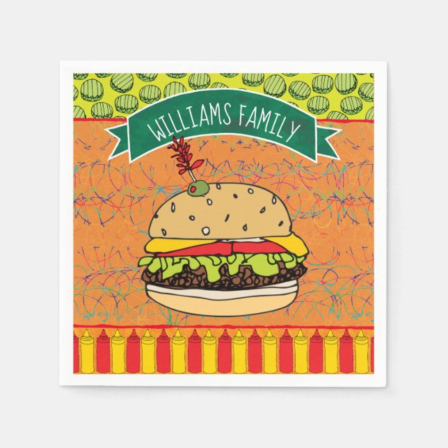 Summer BBQ Cheeseburger Add Name Paper Napkins (Front)