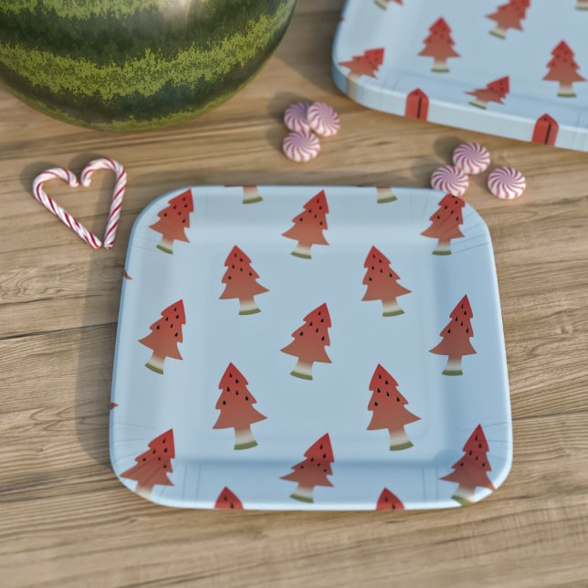 Summer BBQ Christmas in July Watermelon Tree Blue Paper Plates (It's July and you know what that means. Christmas BBQ time. Fun part plates for your Christmas party)