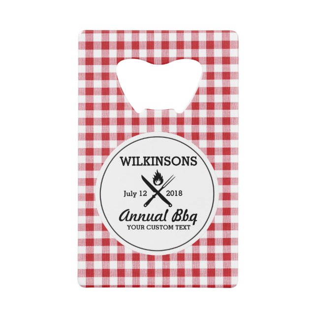 Summer BBQ Grill Cookout Reunion Red Gingham Check Credit Card Bottle Opener (Front)