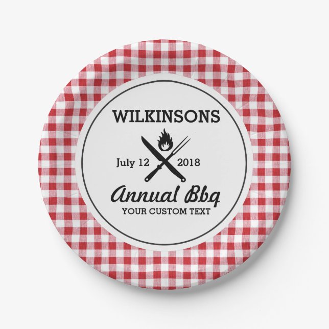 Summer BBQ Grill Cookout Reunion Red Gingham Check Paper Plates (Front)