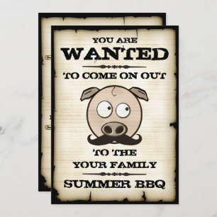 Summer BBQ Mustache Pig Wanted Invitations