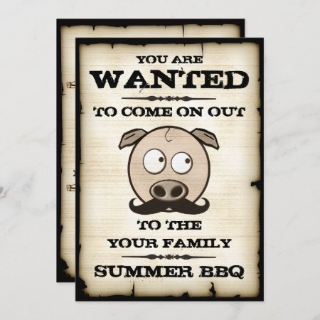 Summer Bbq Mustache Pig Wanted Invitations