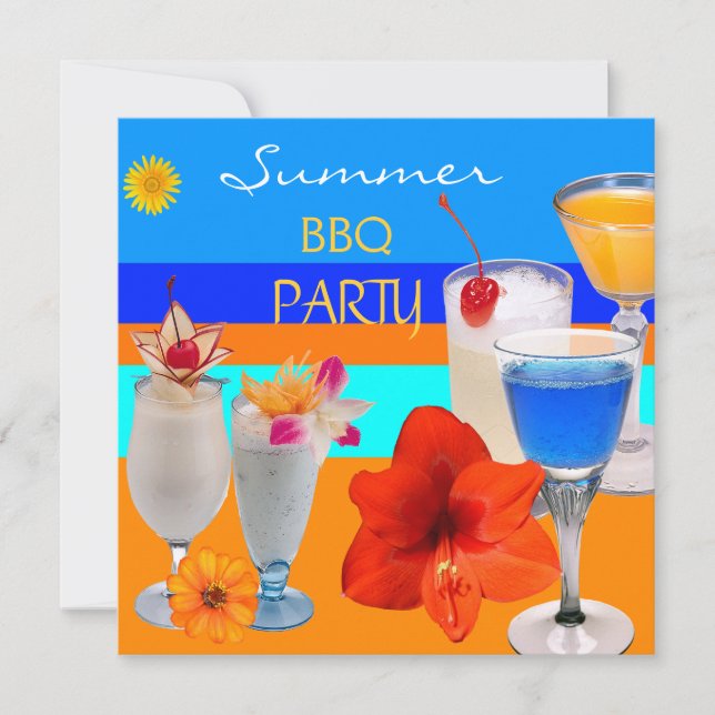 Summer BBQ Party Cocktails Drinks Blue Yellow Invitation (Front)