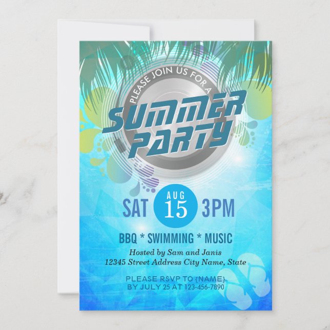 Summer BBQ / SWIMMING / MUSIC Party Invitation (Front)