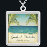 Summer Beach and Palm Trees Wedding Memento Silver Plated Necklace<br><div class="desc">A beach themed wedding design for a summer wedding featuring an image of the ocean and beach sand with palm trees framing the scene. Perfect for those planning a relaxed and informal beach wedding. The text is fully customizable for your own special occasion. This coordinates with the Summer Beach and...</div>