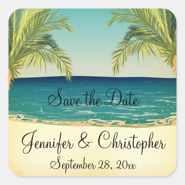 Summer Beach and Palm Trees Wedding Save the Date Square Sticker (Front)