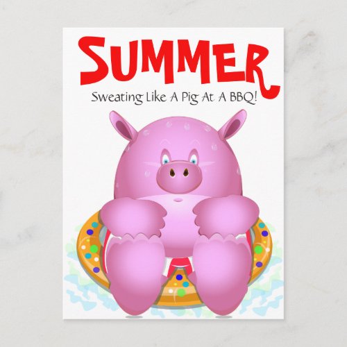 Summer Beach BBQ Pool Party Whimsical Cartoon Pig Postcard