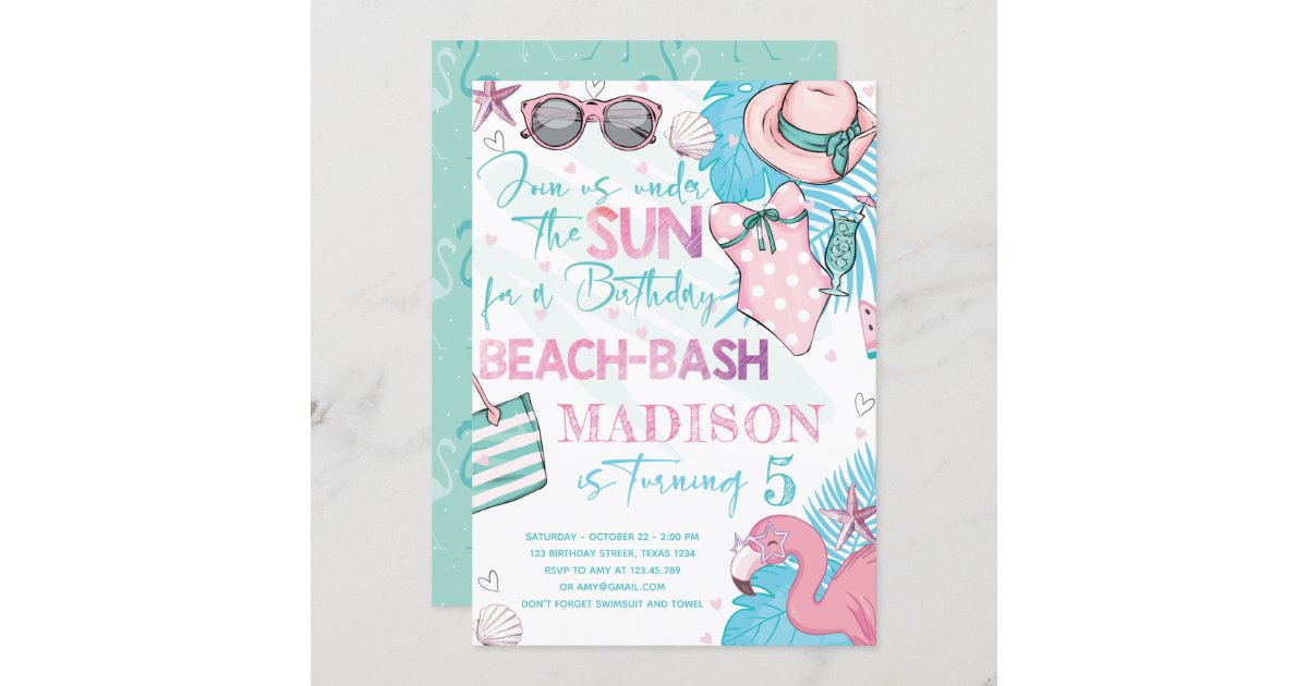 Summer Beach Birthday Party Cute Pink Turquoise Invitation | Zazzle.com