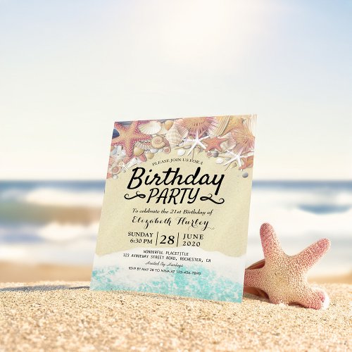 Summer Beach Birthday Party Starfish Sea shells Invitation